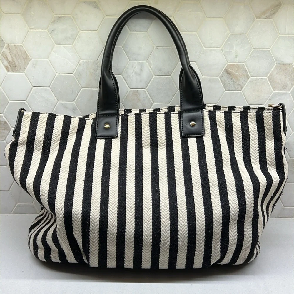 Moda Luxe Black & Cream Vertical Stripe Hobo Tote